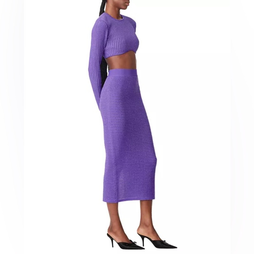 Herve Leger Rich Purple Ribbed Two Piece Set Long Sleeve Shirt & Midi Skirt